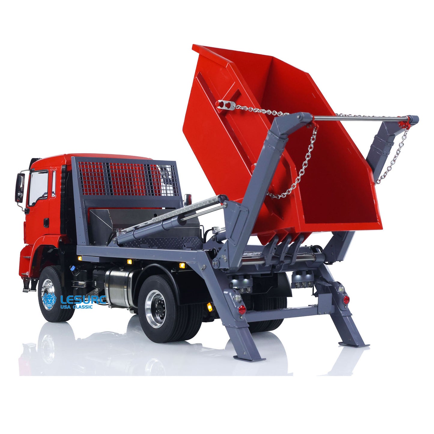 LESU Metal 1/14 RC Hydraulic Swing Arm Garbage Dump Truck 4X4 Remote Control Skip Loader RTR TGS Light Sound ST8 Radio Battery