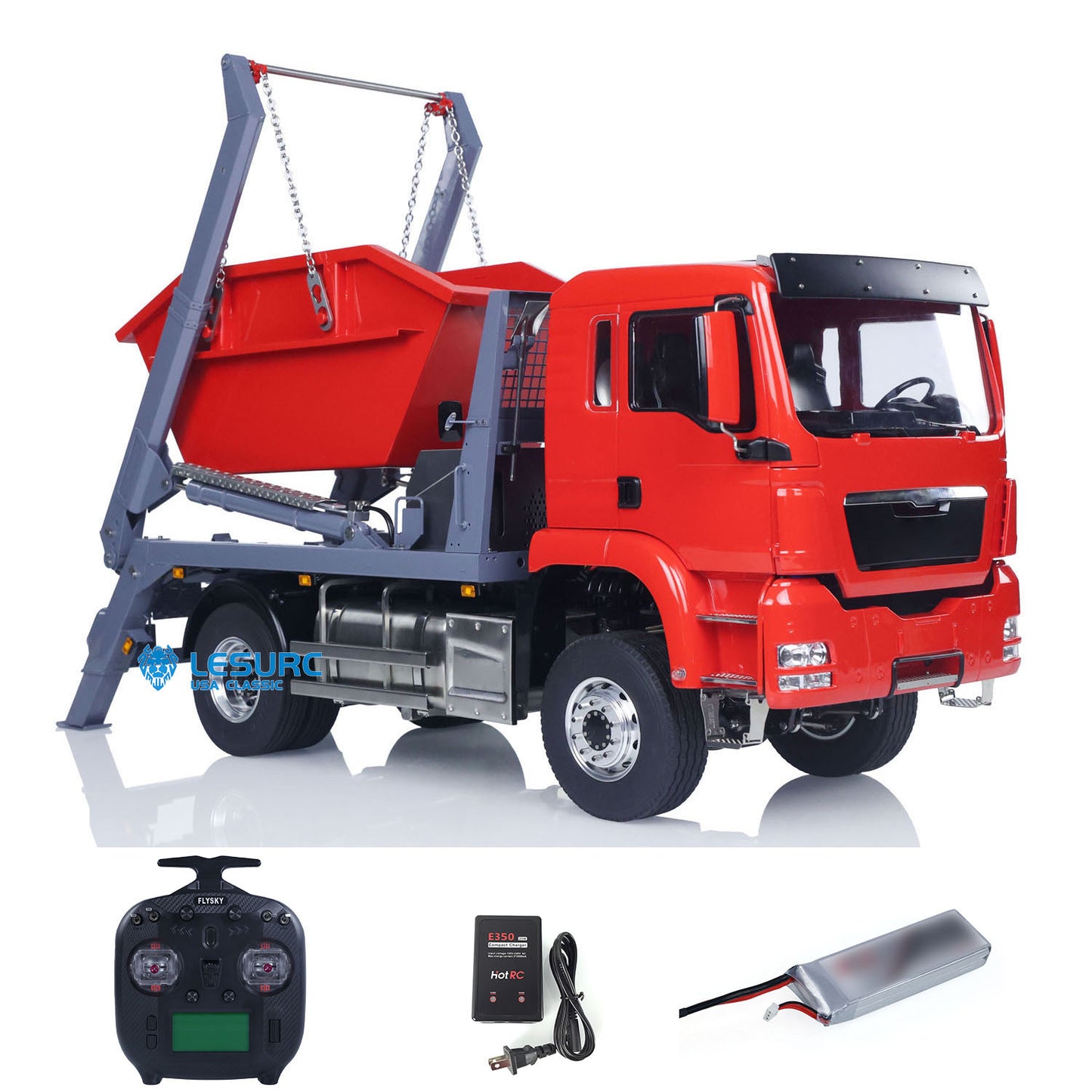 LESU Metal 1/14 RC Hydraulic Swing Arm Garbage Dump Truck 4X4 Remote Control Skip Loader RTR TGS Light Sound ST8 Radio Battery