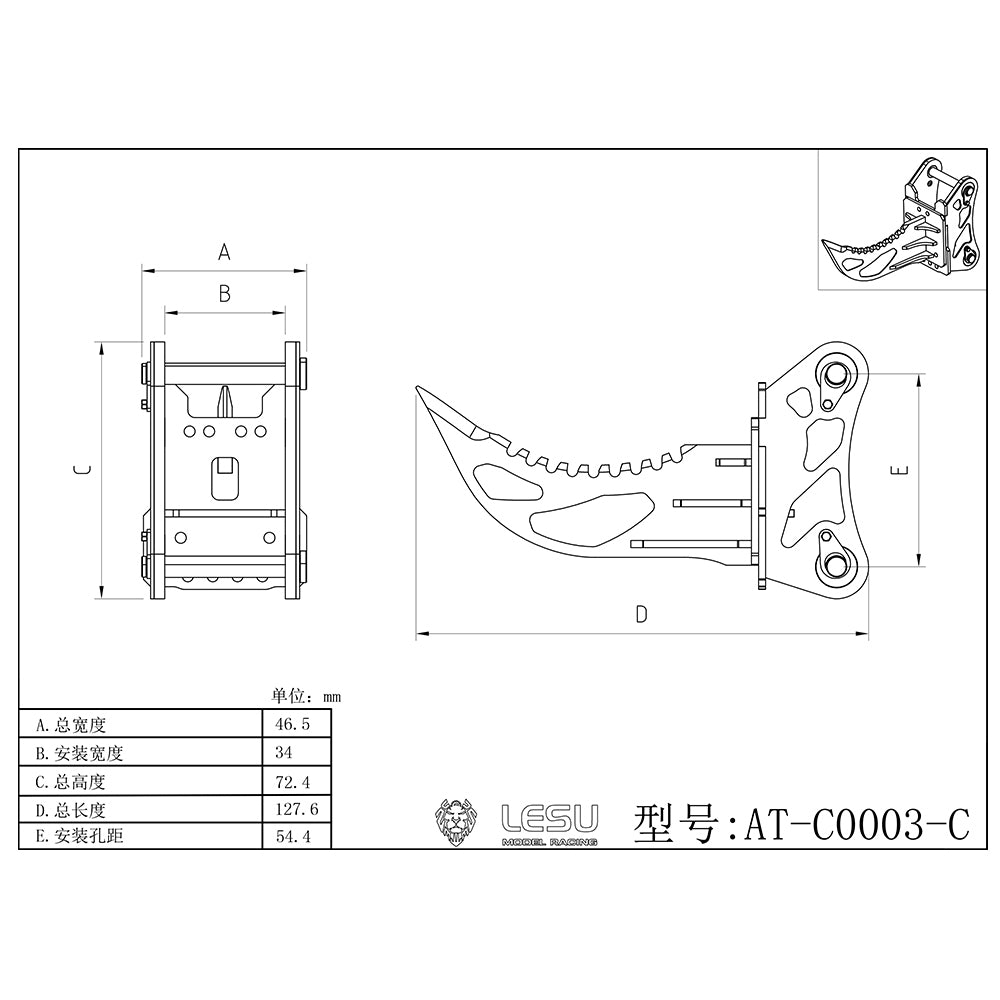 LESU Metal Fork Curved Blade Ripper Quick Release Compactor Tiltable Bucket for RC Excavator 1/14 ET35 Hydraulic Electric Digger