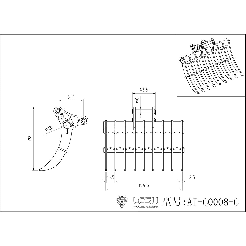 LESU Metal Stainless Nail Rake Bucket for 1/14 RC Hydraulic Excavator ET35 Remote Digger Upgraded Parts