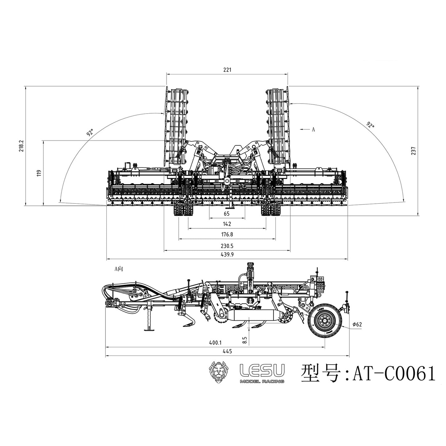 LESU Metal K500 Seedbed Pre-sowing Soil Preparation Machine Planter Plough for 1/14 RC Hydraulic Tractor Car AOUE 1050 Model