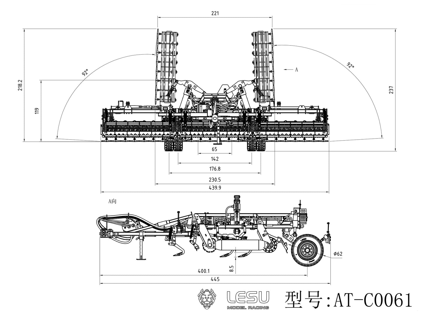 Metal LESU K500 Seedbed Pre-sowing Soil Preparation Machine Planter Plough for 1/14 RC Hydraulic Farm Tractor AOUE 1050 Model