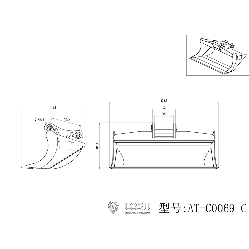 Metal Wide Bucket C0069-C for 1/14 LESU Aoue ET35 B0006 RC Hydraulic Excavator Remote Control Digger Construction Vehicles Model