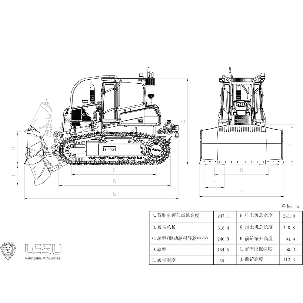 LESU 1:14 RC Hydraulic Bulldozer Aoue 850K Black Track Metal Radio Control Dozer KIT Version Light Sound System