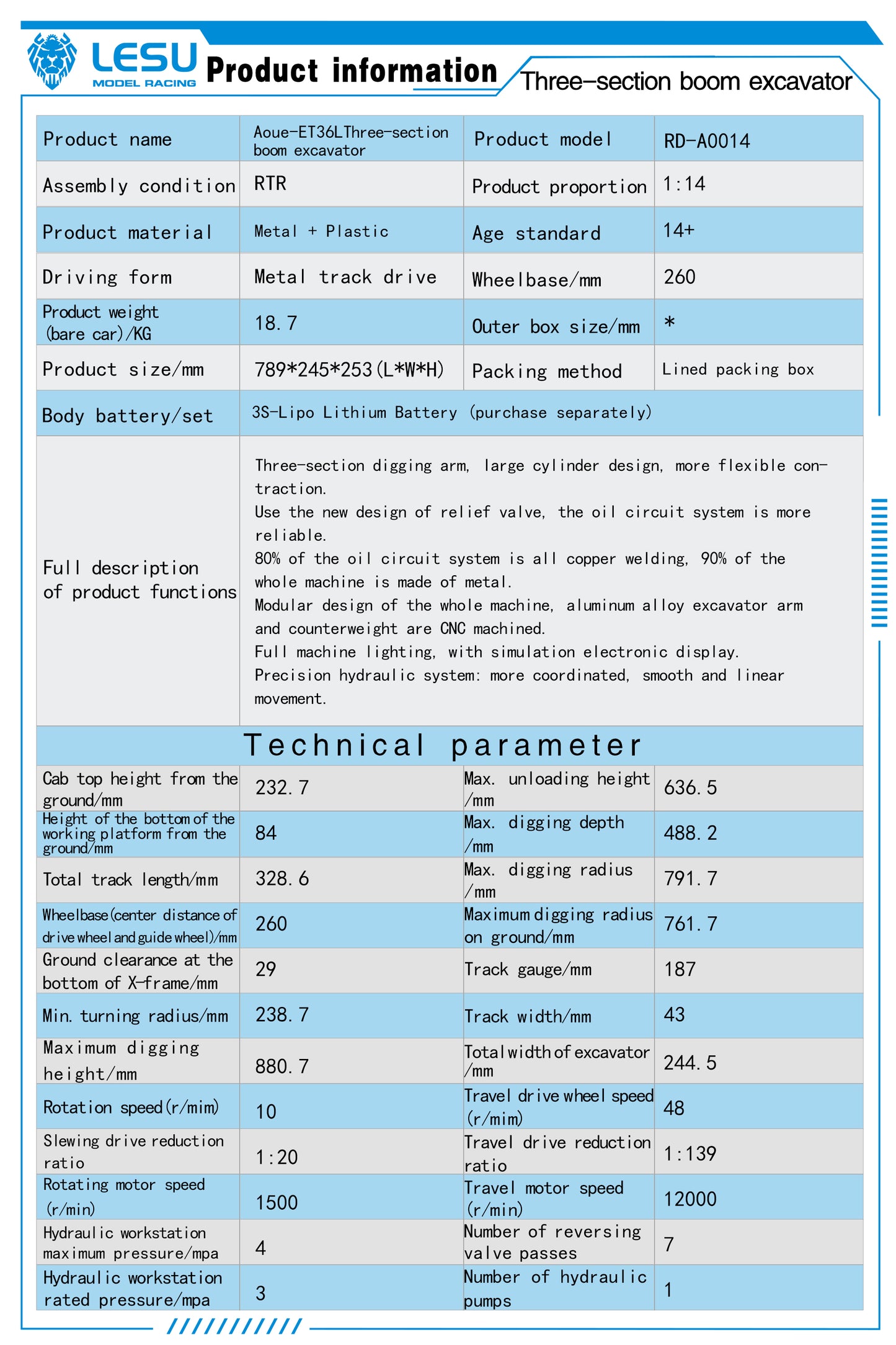 LESU 1/14 RC Hydraulic Tracked Excavator ET36L 3-arms Digger Painted Assembled Model 7-Ways Reversing Valve