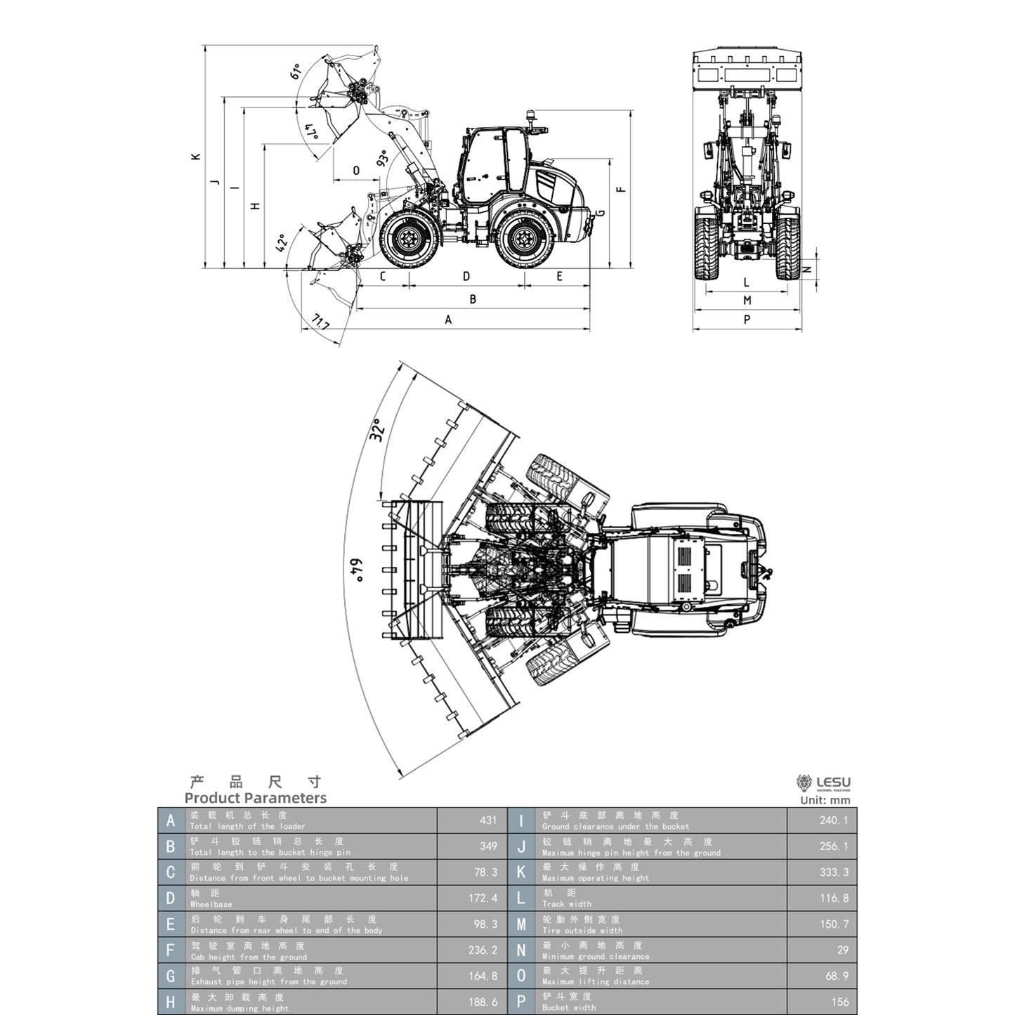 LESU Aoue WA100M-8 1/14 4X4 RC Metal Hydraulic Loader with Sound Light System for Outdoor