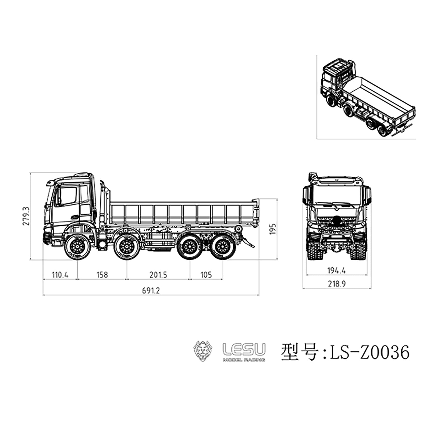 LESU Z0036 1/14 Metal 8x8 Hydraulic RC Roll On Off Dumper 2 Speed Transmission Differential Lock Sound Light System Front Hook