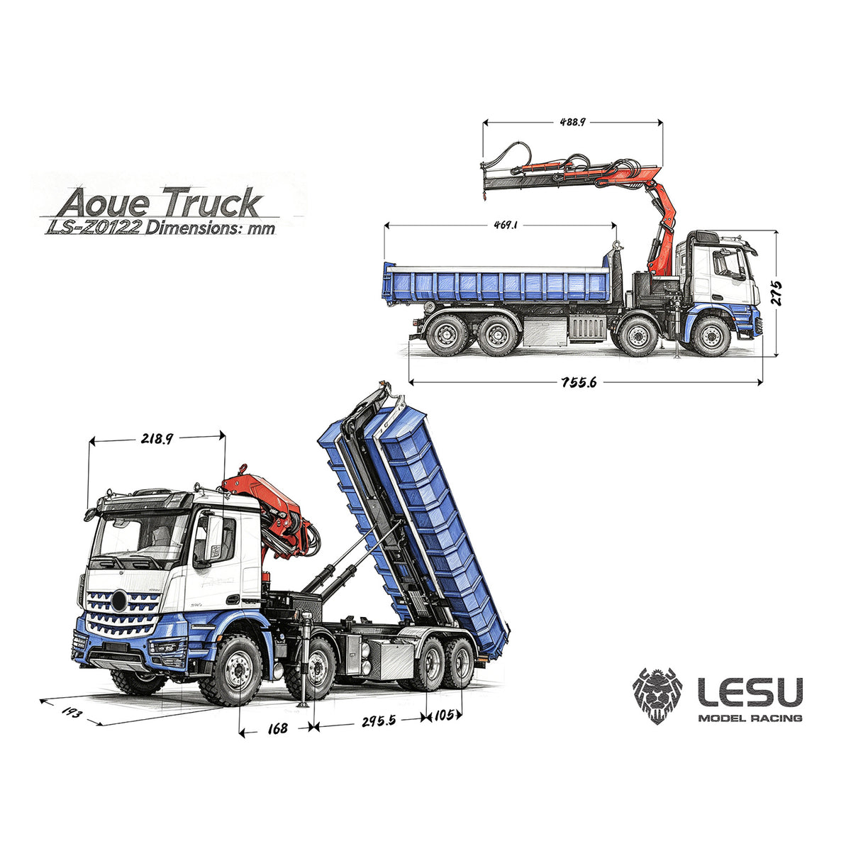 LESU Z0122 1/14 8x8 Hydraulic Roll Off RC Dumper Truck with Telescopic Hook Arm 7CH Valve Crane 3 Speed Gearbox Differential Lock Light Sound