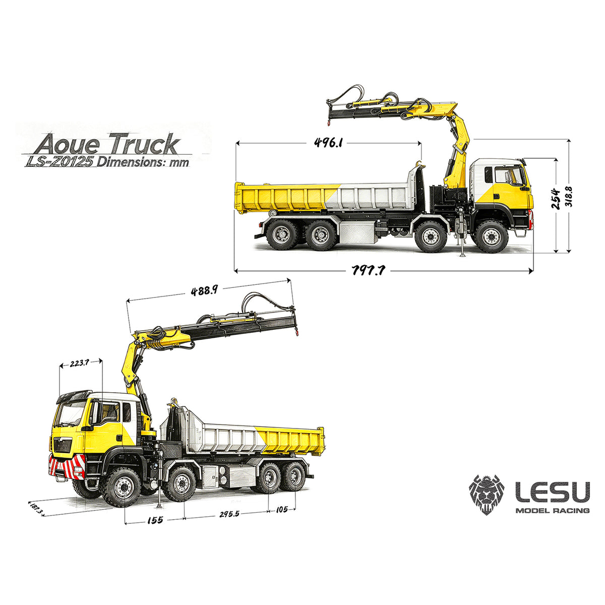 LESU Z0125 1/14 8x8 RC Hydraulic Crane Roll Off Dumper Truck with TGS Cabin Folding Hook Lift 3 Speed Gearbox Differential Lock Metal Chassis