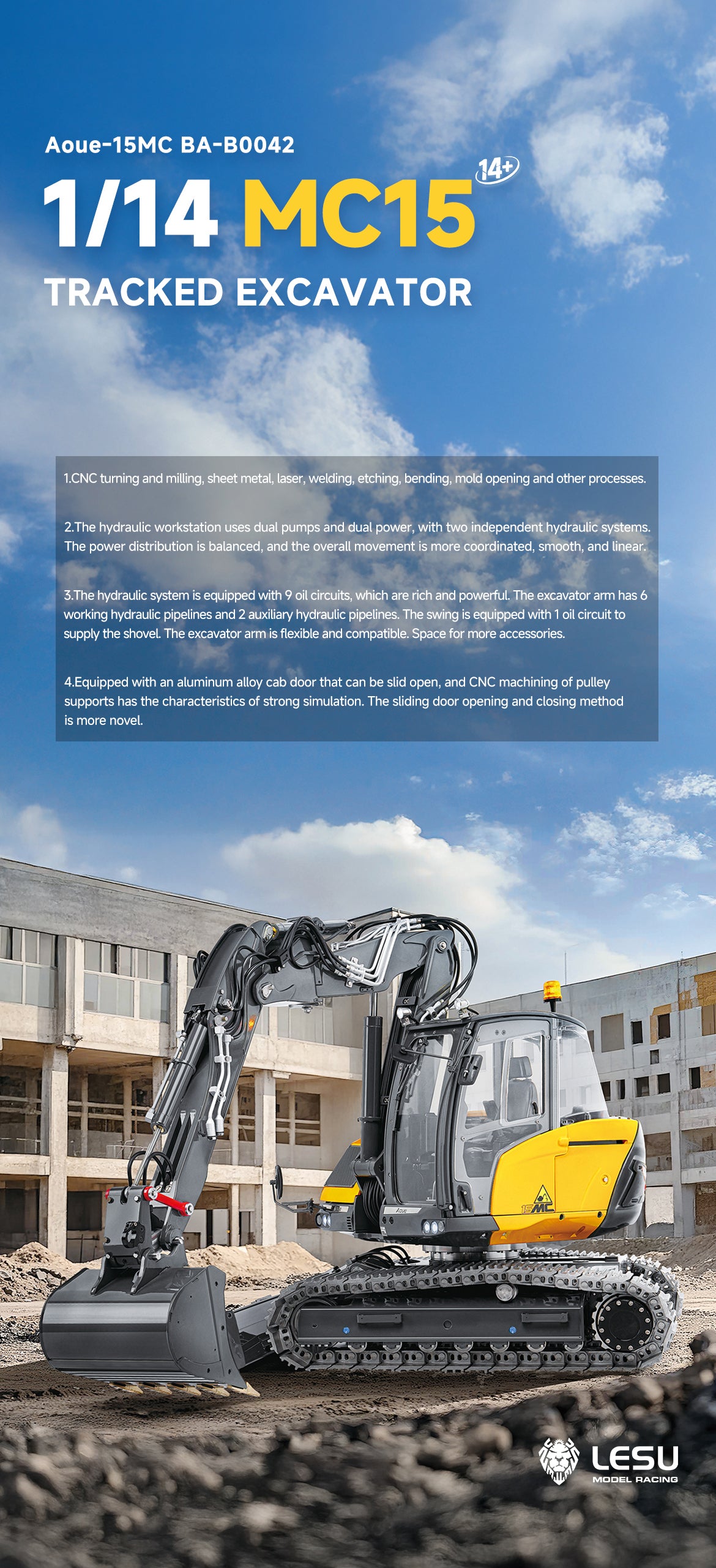 LESU Metal 1/14 Hydraulic RC Excavator MC15 4 Arms Remote Control Digger Model 9 Ways Valve Dual Pumps Light Sound Radio Battery