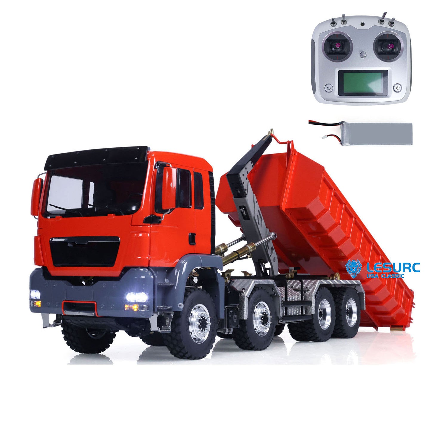 LESU 1/14 8x8 Metal Hydraulic RC Roll On Off Dump Truck 2 Speed Transmission FlySky I6S Radio Controller Sound Light System