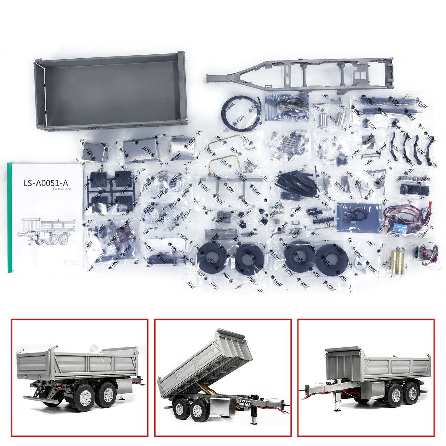 LESU 2-Axle Metal 1/14 RC Hydraulic Full Trailer Remote Control Self-dumping Truck Model DIY Car Optional Versions KIT