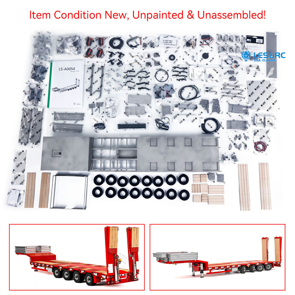IN Stock LESU A0054 1/14 Metal Trailer Hydraulic Lifting Tailboard 4 Axles Steering Available Electric Support Legs for DIY RC Tractor Truck