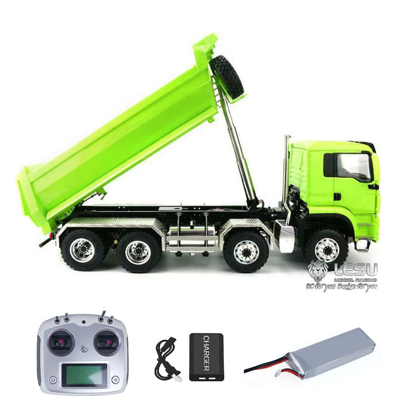 LESU 1/14 8x8 Metal Hydraulic RC Dump Truck Tipper 2 Speed Transmission Axles With Differential Lock FlySky I6S Remote Controller Sound Light System