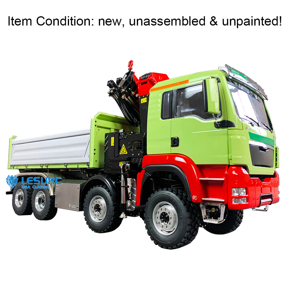 LESU Z0063 1/14 Metal 8x8 3 Way RC Hydraulic Dump Truck with Crane 7CH Reversing Valve 2 Speed Transmission Light Sound for Engineering Hobbyists