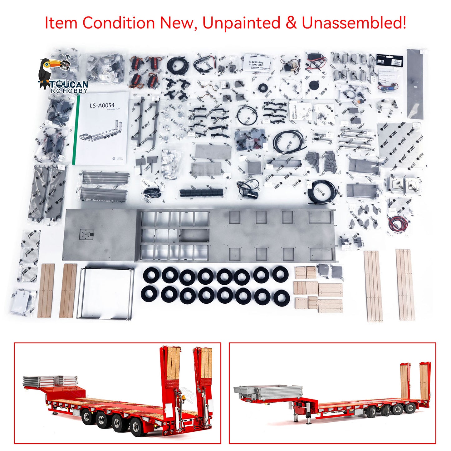 LESU 1/14 Metal Trailer Hydraulic Lifting Tailboard 4 Axles Steering Available Electric Support Legs for DIY RC Tractor Truck