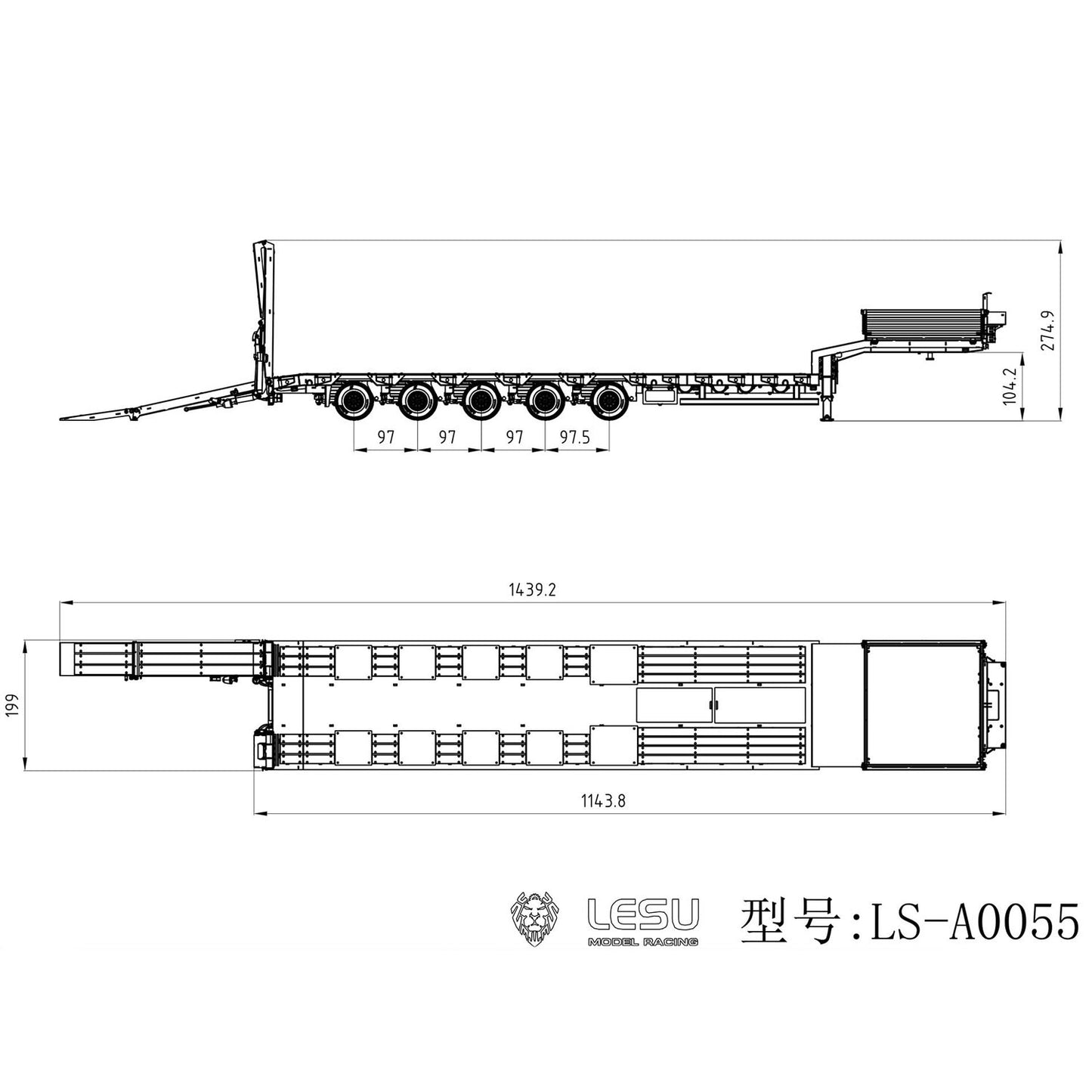 5 Axles Steering LESU 1/14 Metal Semi Trailer Hydraulic Lifting Tailboard Electric Support Legs for DIY RC Tractor Truck Model