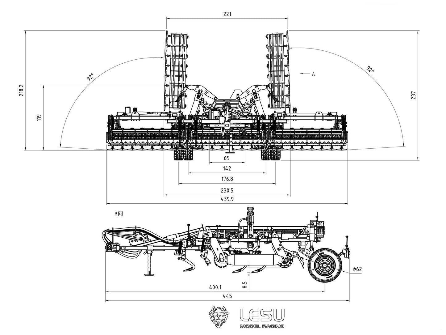LESU Metal 4x4 1/14 RC Tractor Truck AOUE 1050 K500 Seedbed Pre-sowing Soil Preparation Planter Plough Hydraulic Agricultural Vehicles Frsky PL18EV Lite