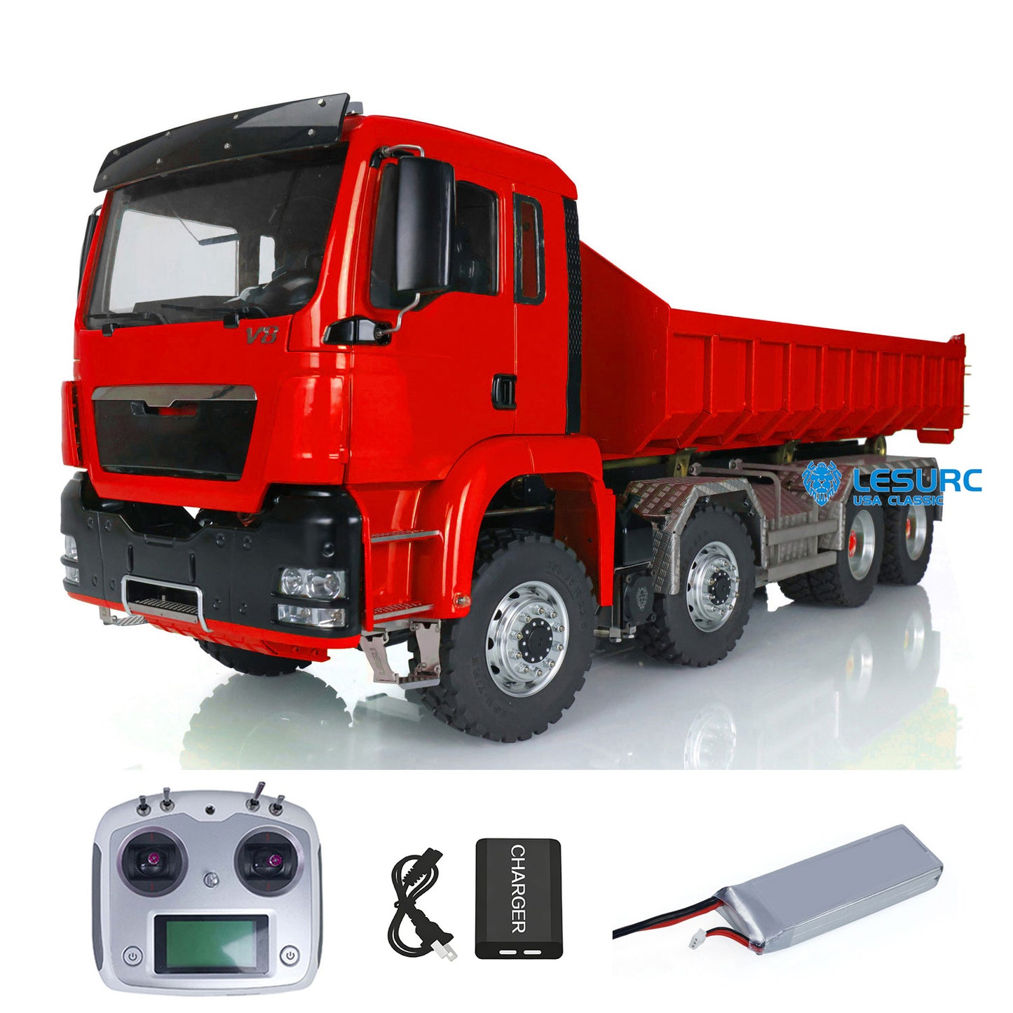 LESU 1/14 8x8 Metal Hydraulic RC Roll On Off Dump Truck 2 Speed Transmission FlySky I6S Radio Controller Sound Light System