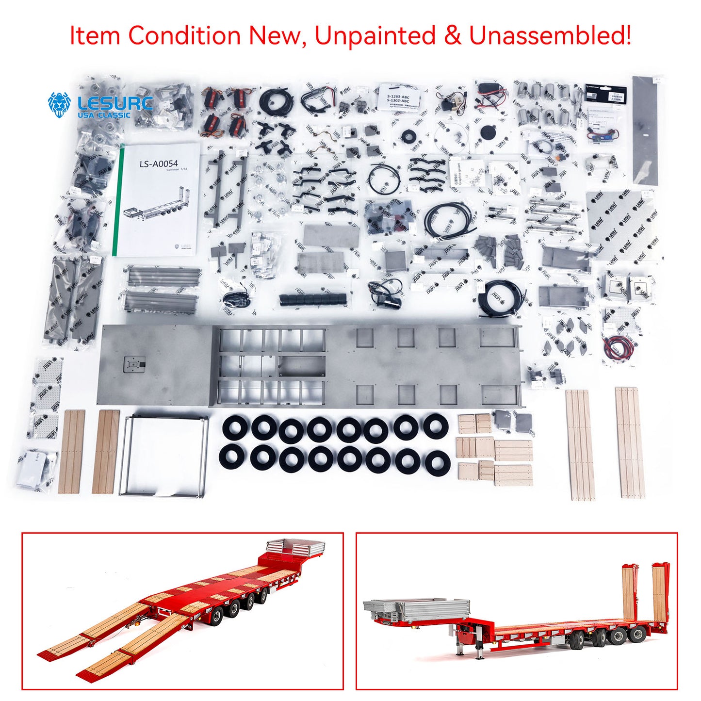 LESU 1/14 Metal Trailer Hydraulic Lifting Tailboard 4 Axles Steering Available Electric Support Legs for DIY RC Tractor Truck