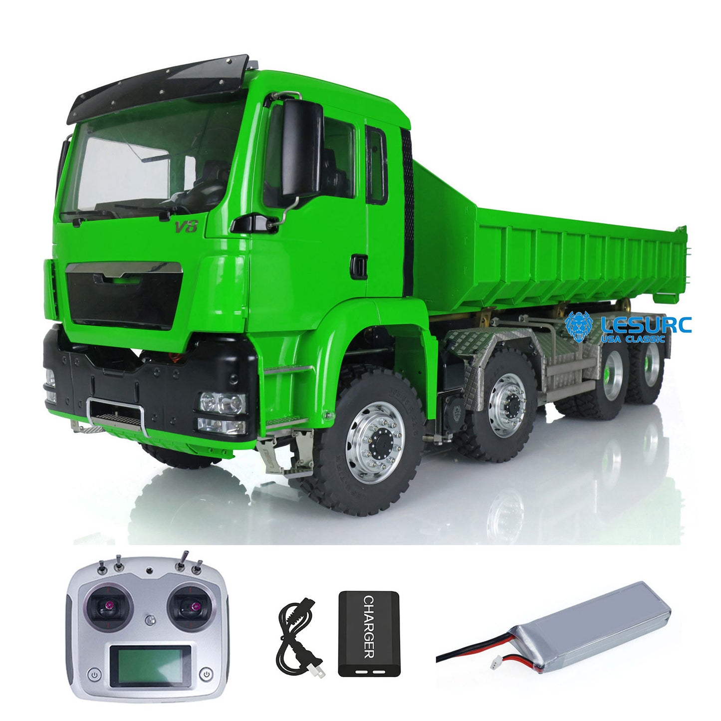 LESU 1/14 8x8 Metal Hydraulic RC Roll On Off Dump Truck 2 Speed Transmission FlySky I6S Radio Controller Sound Light System
