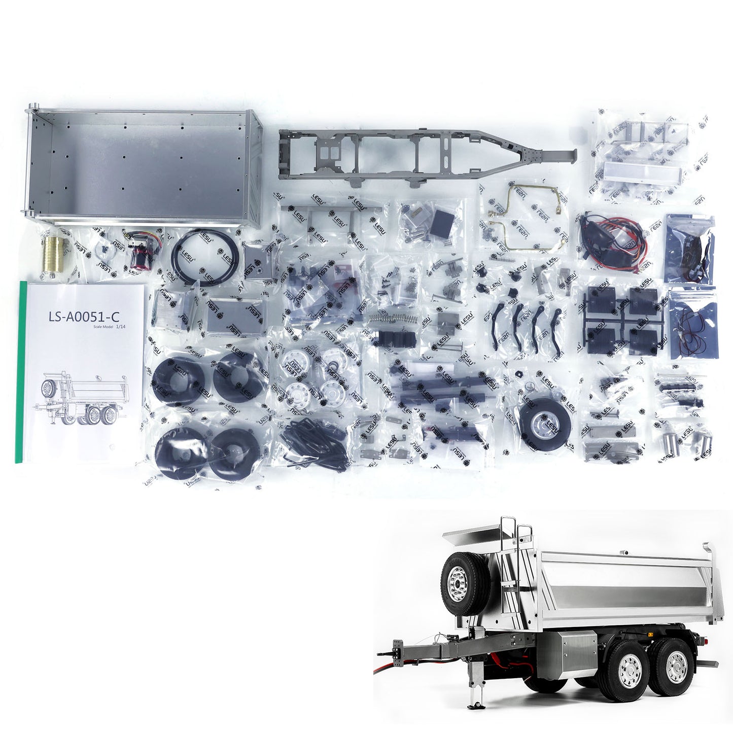 LESU 2-Axle Metal 1/14 RC Hydraulic Full Trailer Remote Control Self-dumping Truck Model DIY Car Optional Versions KIT