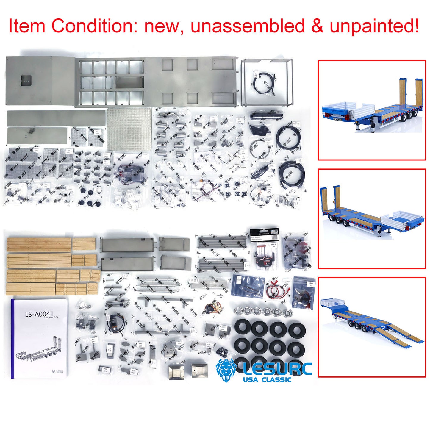 LESU A0041 1/14 Metal Trailer Hydraulic Lifting Tailboard with Landing Legs 3 Axles Chassis for RC Tractor Truck DIY Construction Model