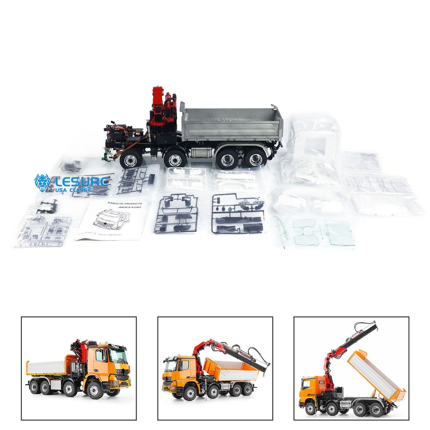 LESU 3348 1/14 Metal 8X8 Hydraulic 3 Ways RC Dump Truck with Crane 2 Speed Transmission 7CH Valve Sound Light for Scale Machinery Enthusiast