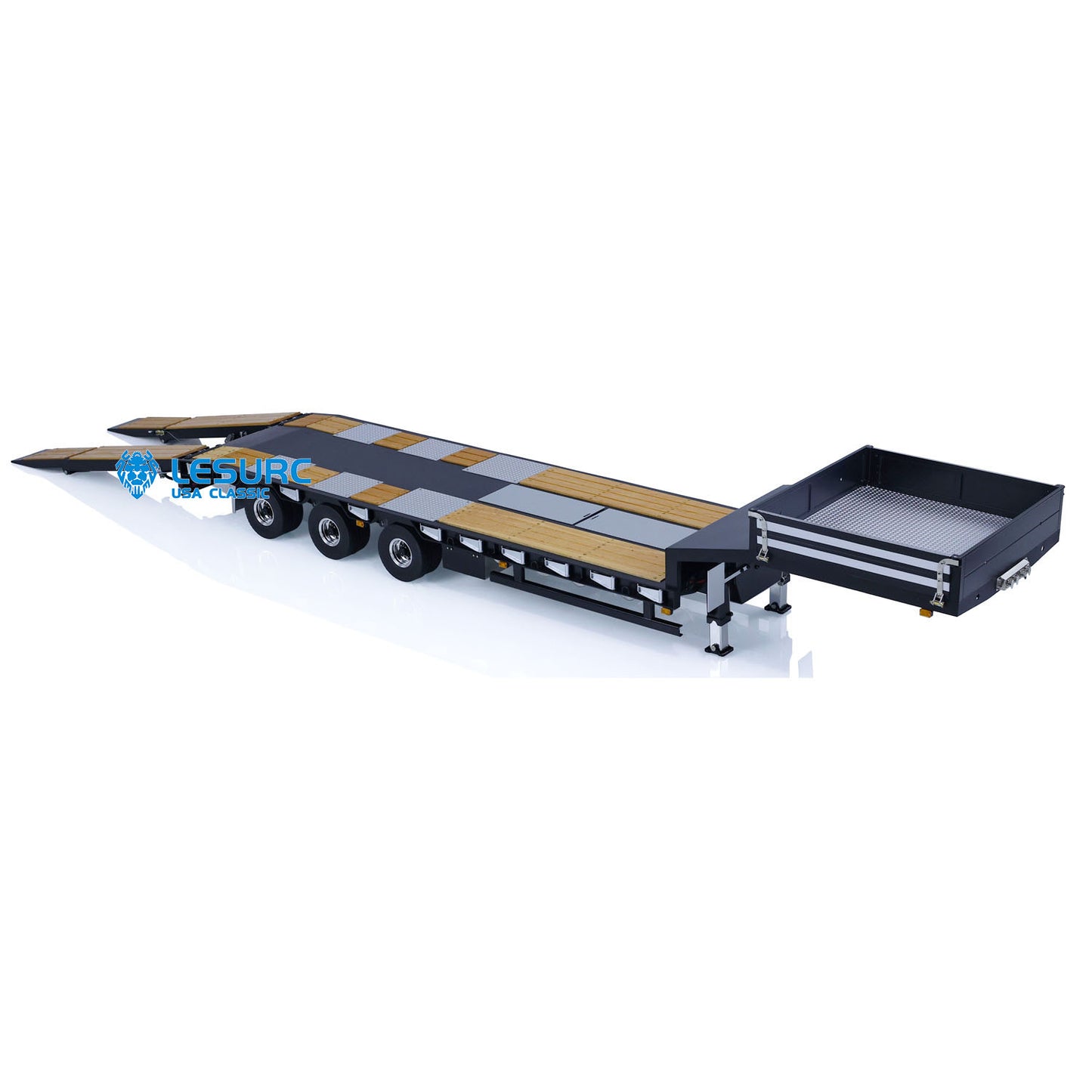 LESU A0020 1/14 Metal Lowboy Trailer 3Axle Chassis Hydraulic Lifting Tailgate Electric Landing Legs Light System for RC Tractor Truck Construction Model