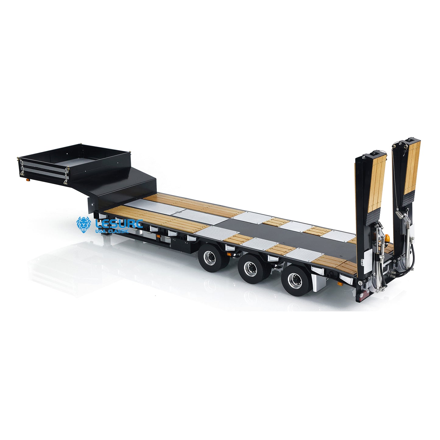 LESU A0020 1/14 Metal Lowboy Trailer 3Axle Chassis Hydraulic Lifting Tailgate Electric Landing Legs Light System for RC Tractor Truck Construction Model