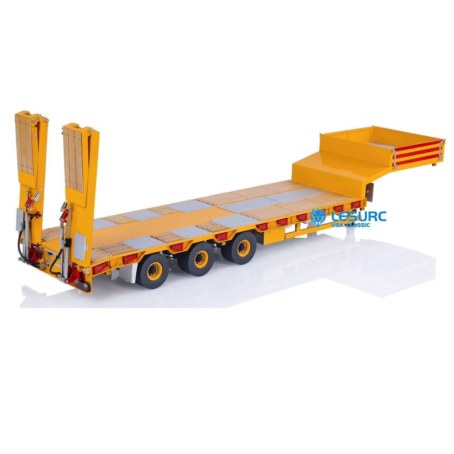 LESU A0020 1/14 Metal Lowboy Trailer 3Axle Chassis Hydraulic Lifting Tailgate Electric Landing Legs Light System for RC Tractor Truck Construction Model