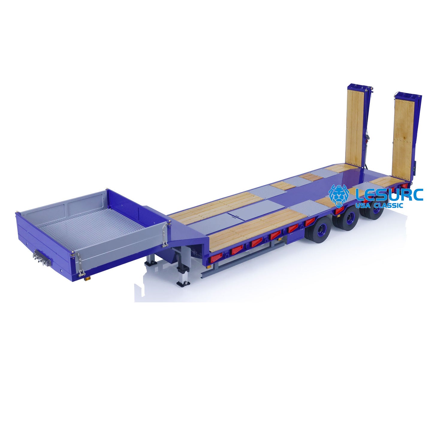 LESU A0020 1/14 Metal Lowboy Trailer 3Axle Chassis Hydraulic Lifting Tailgate Electric Landing Legs Light System for RC Tractor Truck Construction Model