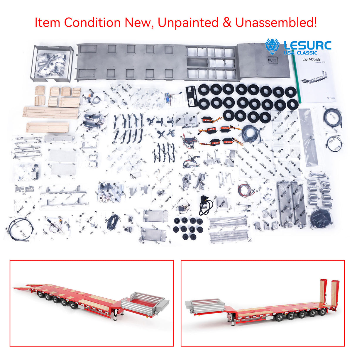 IN Stock LESU A0055 1/14 Metal 5 Axles Steering Semi Trailer Hydraulic Lifting Tailboard Electric Support Legs for DIY RC Tractor Truck Model