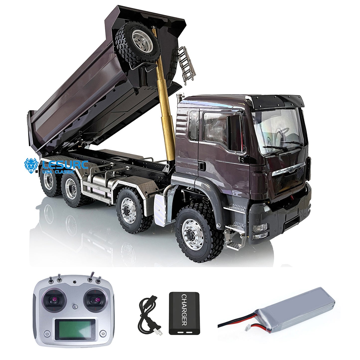 LESU 1/14 8x8 Metal Hydraulic RC Dump Truck Tipper 2 Speed Transmission Axles With Differential Lock FlySky I6S Remote Controller Sound Light System