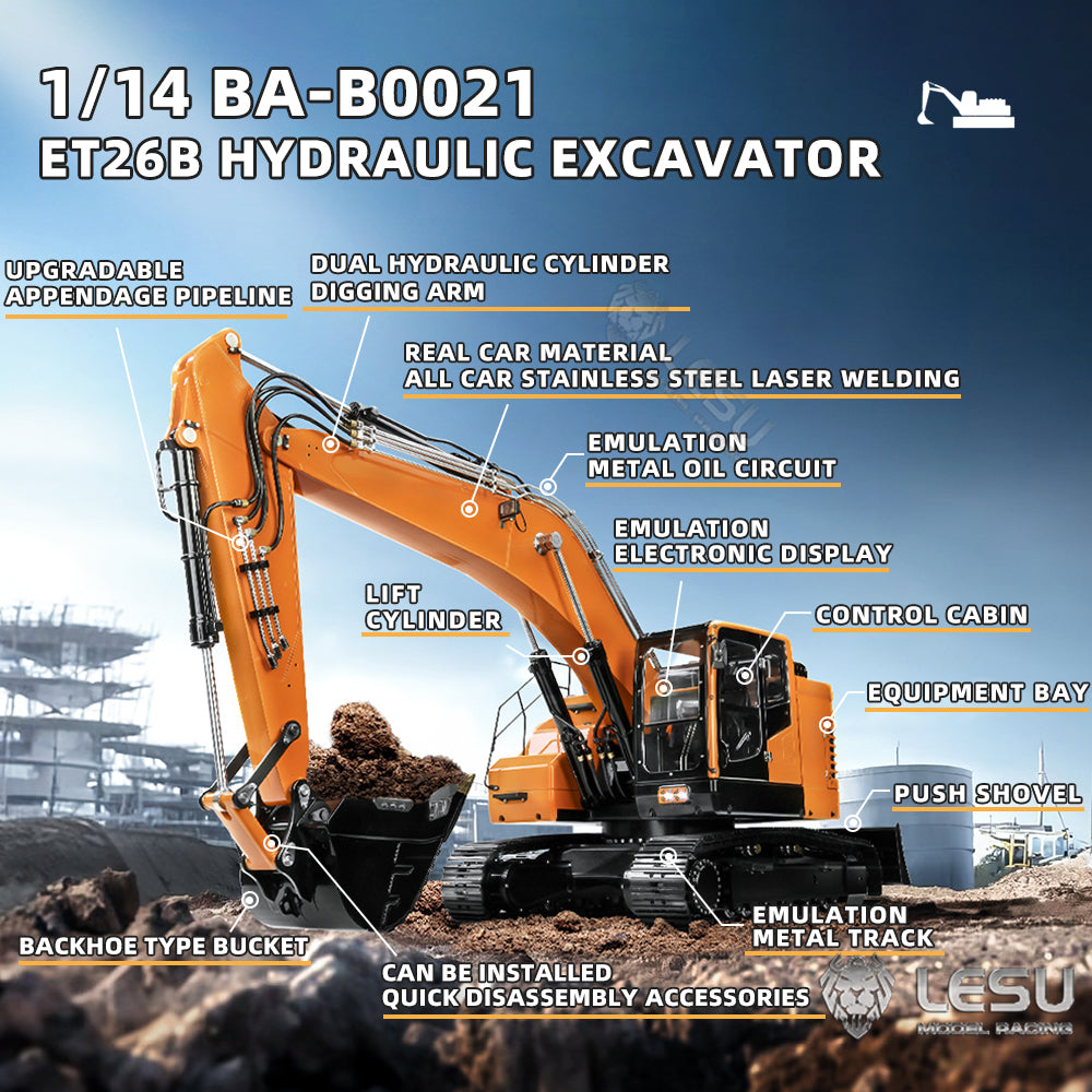 Metal LESU 1/14 RC Hydraulic Euipment Excavator ET26B 2 Arms Remote Controlled Digger DIY Car Assembled Painted Model