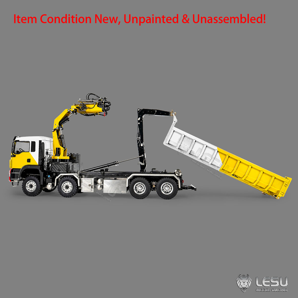 LESU Z0125 1/14 8x8 RC Hydraulic Crane Roll Off Dumper Truck with TGS Cabin Folding Hook Lift 3 Speed Gearbox Differential Lock Metal Chassis