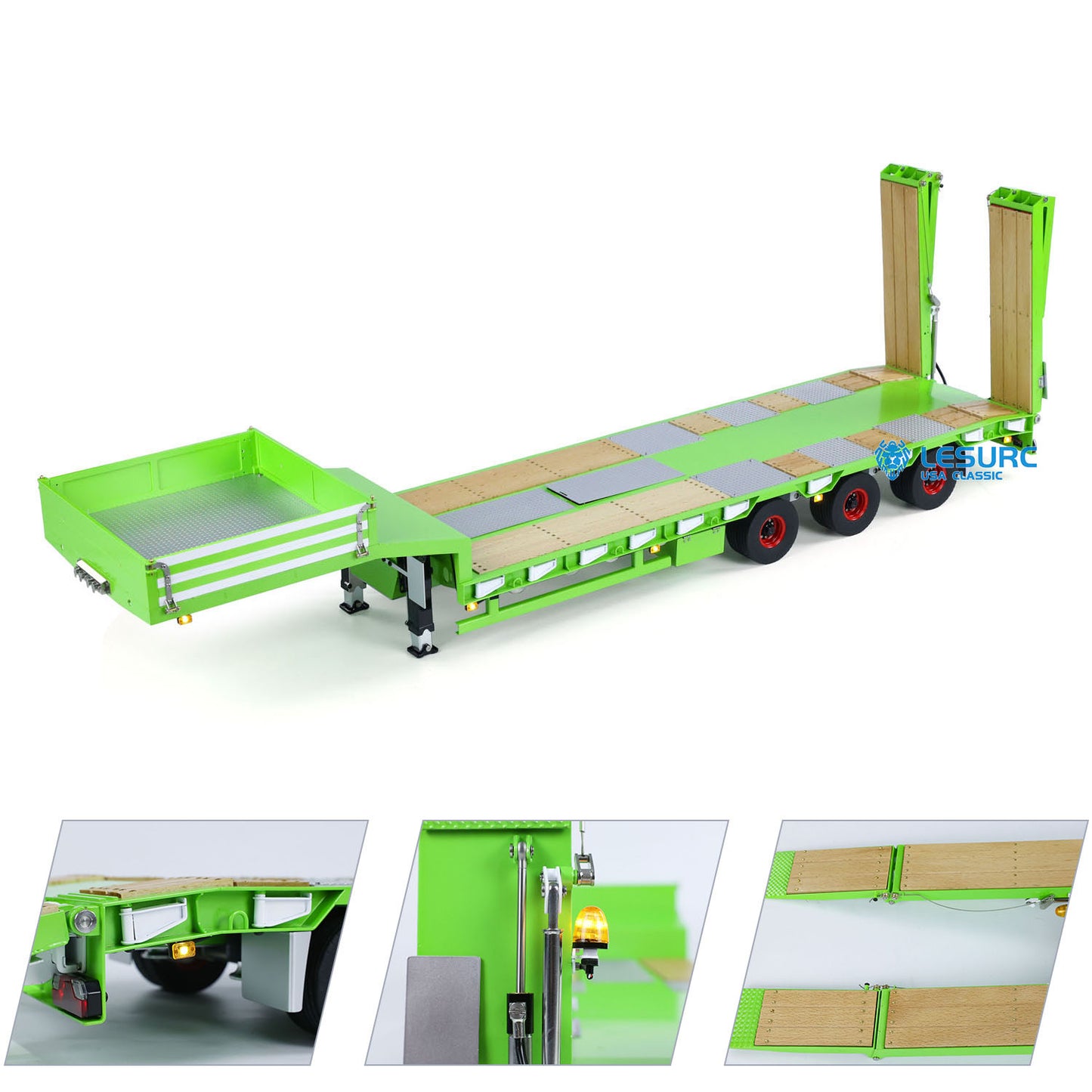 LESU A0020 1/14 Metal Lowboy Trailer 3Axle Chassis Hydraulic Lifting Tailgate Electric Landing Legs Light System for RC Tractor Truck Construction Model