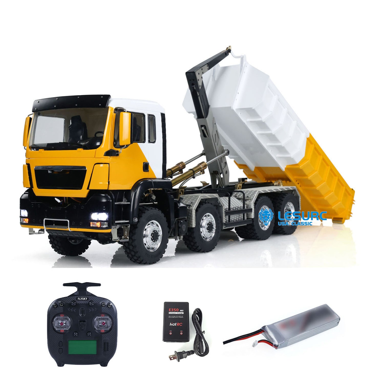 LESU TGS Cabin 1/14 Stainless Steel 8x8 RC Hydraulic Dump Truck with FlySky ST8 Remote Controller 2Speed Transmission Sound Light for Backyard Fun