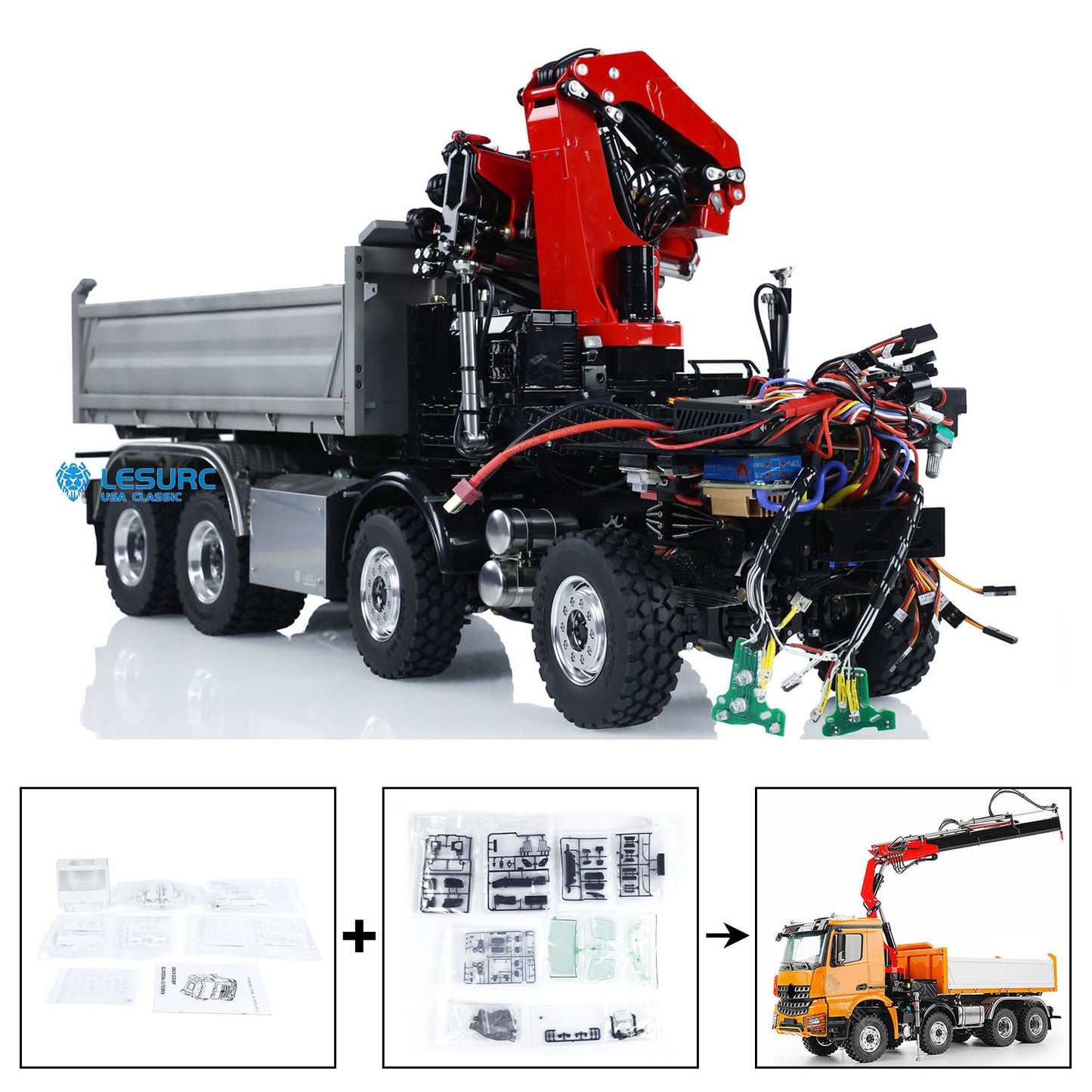 LESU 3348 1/14 Metal 8X8 Hydraulic 3 Ways RC Dump Truck with Crane 2 Speed Transmission 7CH Valve Sound Light for Scale Machinery Enthusiast