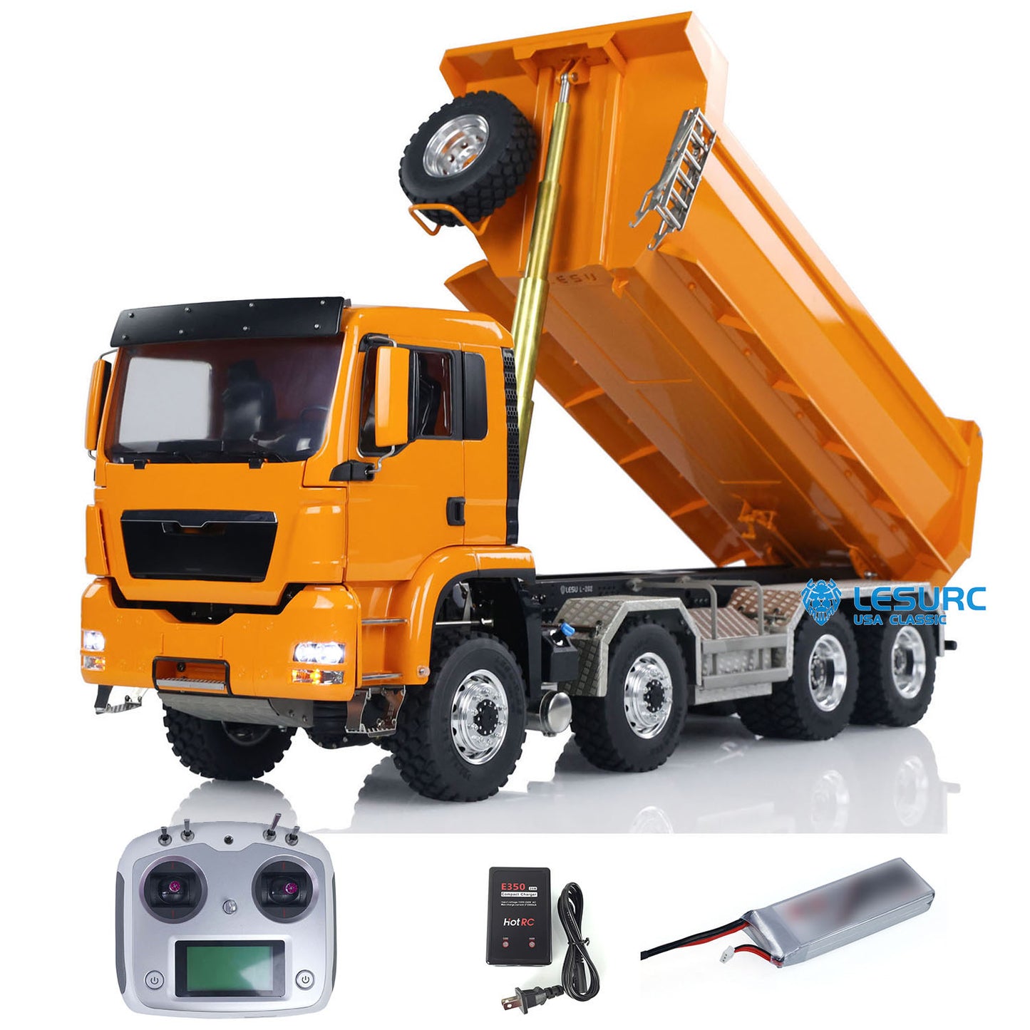 LESU 1/14 8x8 Metal Hydraulic RC Dump Truck Tipper 2 Speed Transmission Axles With Differential Lock FlySky I6S Remote Controller Sound Light System