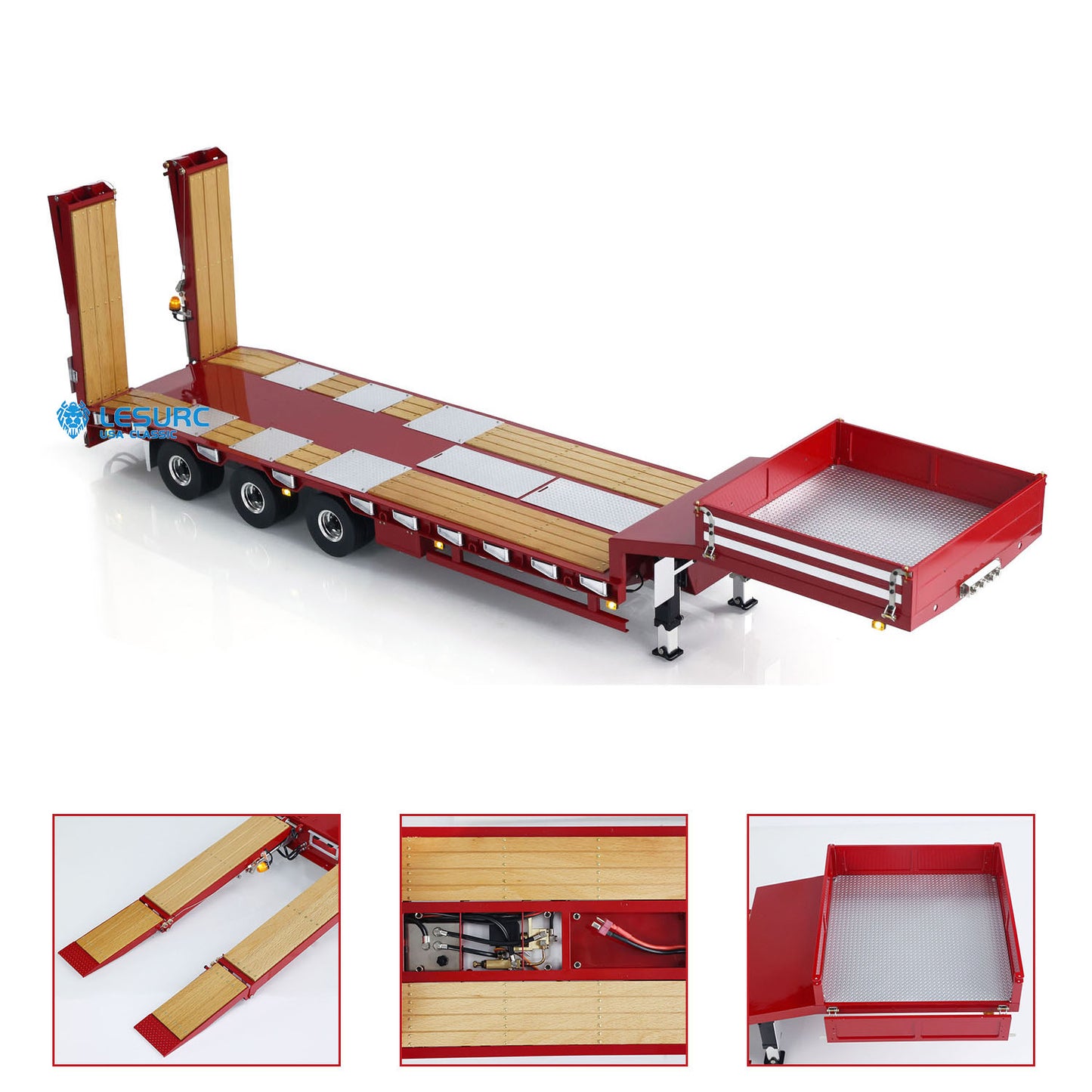 LESU A0020 1/14 Metal Lowboy Trailer 3Axle Chassis Hydraulic Lifting Tailgate Electric Landing Legs Light System for RC Tractor Truck Construction Model