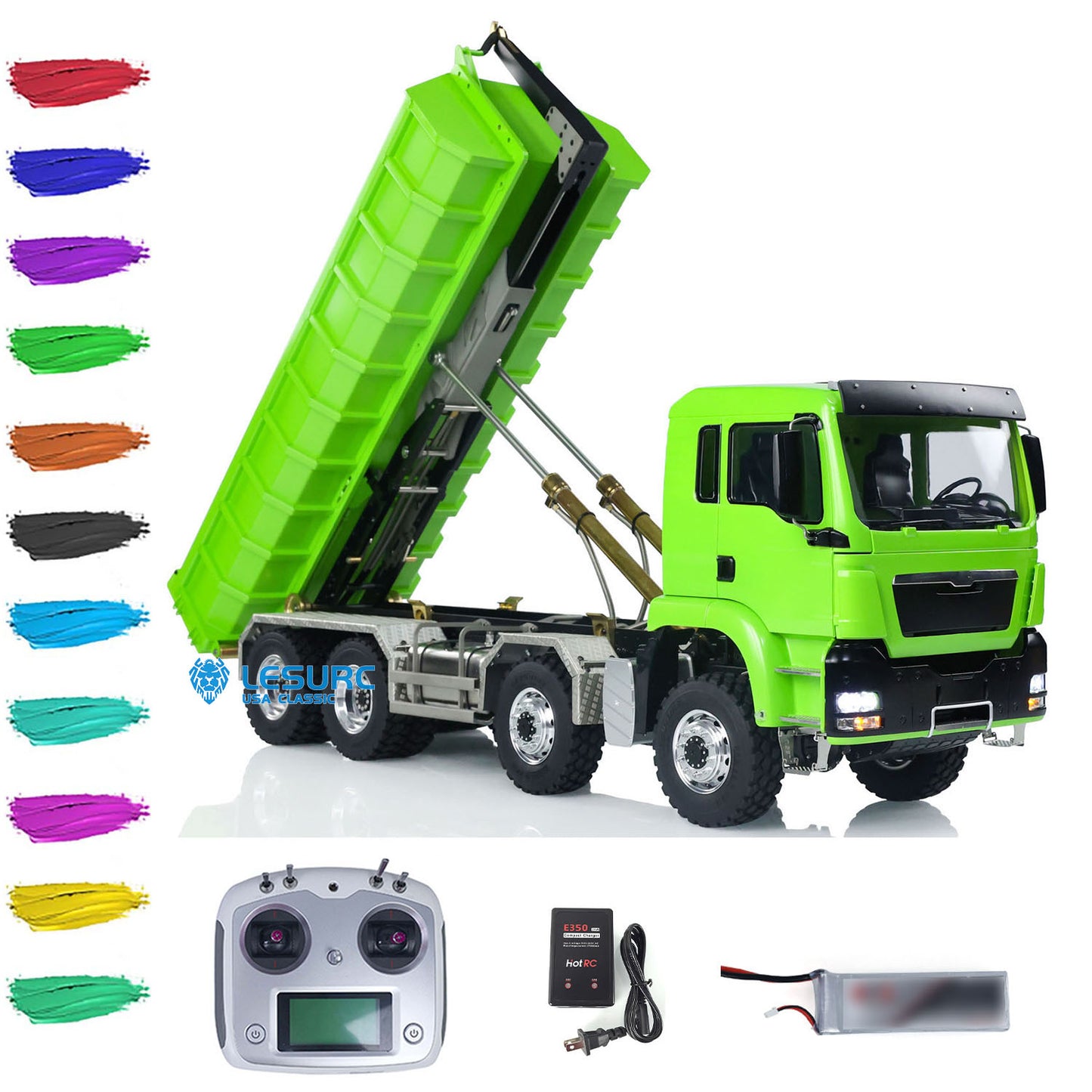 LESU 1/14 8x8 Metal Hydraulic RC Roll On Off Dump Truck 2 Speed Transmission FlySky I6S Radio Controller Sound Light System