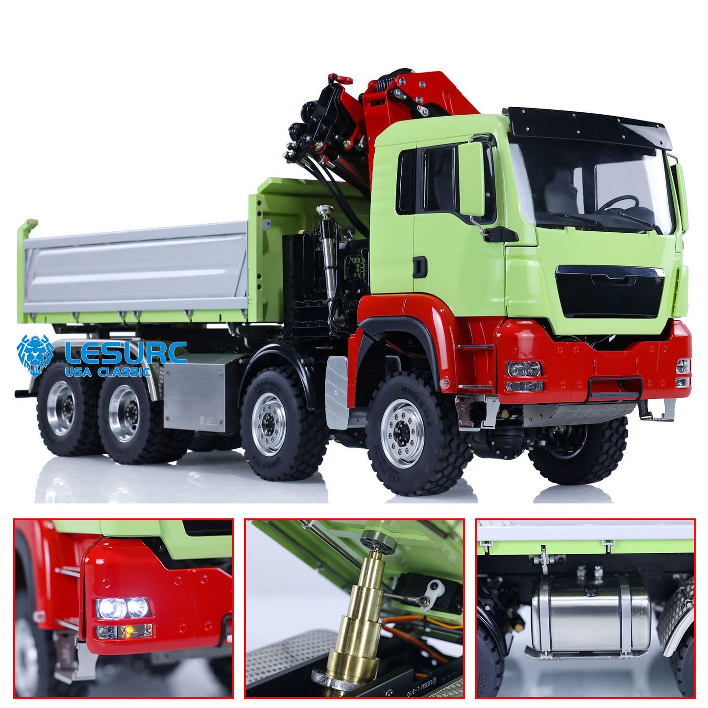LESU Z0063 1/14 Metal 8X8 Hydraulic RC Dump Truck 3 Way Tipper with Crane 2 Speed Transmission 7CH Valve Light Sound for Construction Model Hobbyists