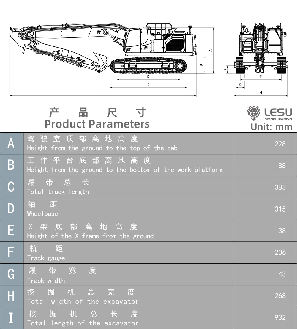LESU AOUE LR945 1/14 RC Long-reach Hydraulic Excavator CNC Extended Arm Radio Control Digger Model Light 7CH Valve 4MPa Pump