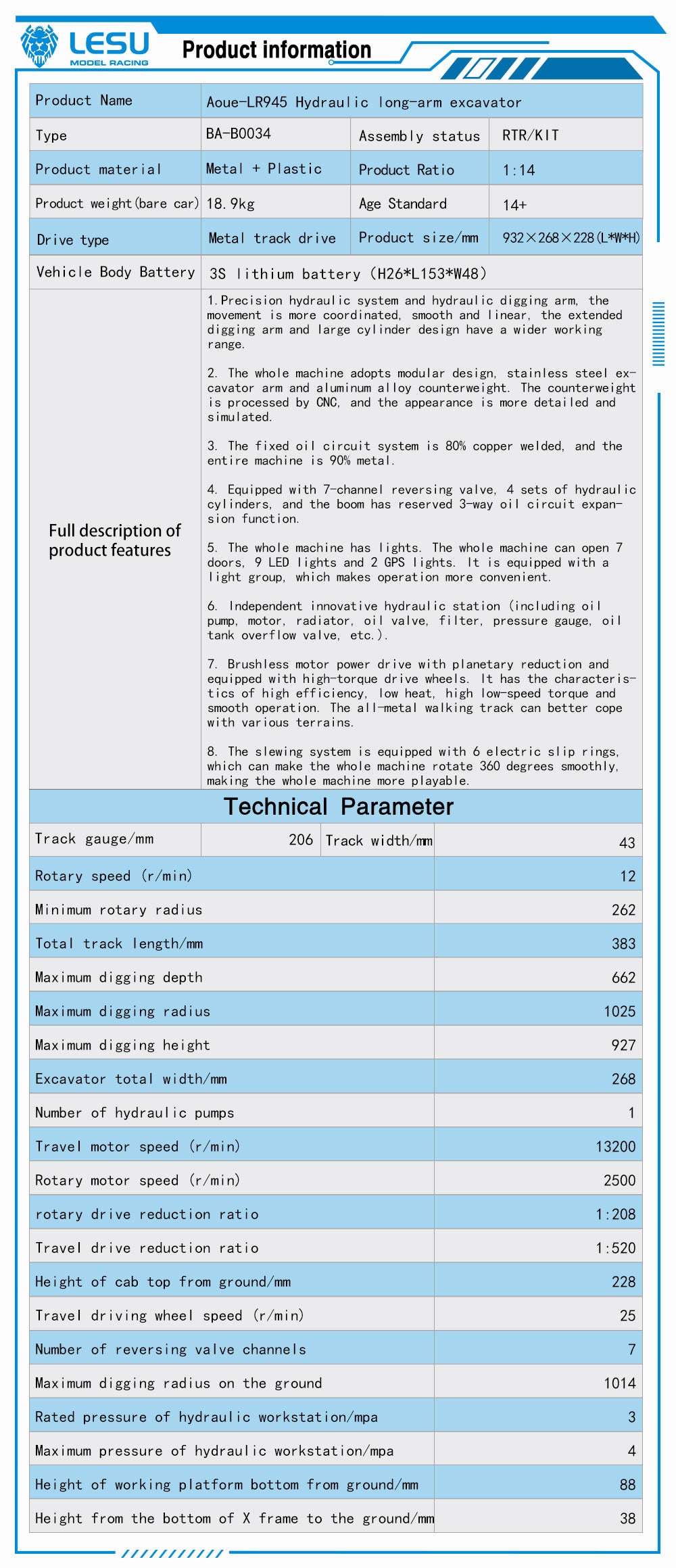 LESU AOUE LR945 1/14 RC Long-reach Hydraulic Excavator CNC Extended Arm Radio Control Digger Model Light 7CH Valve 4MPa Pump