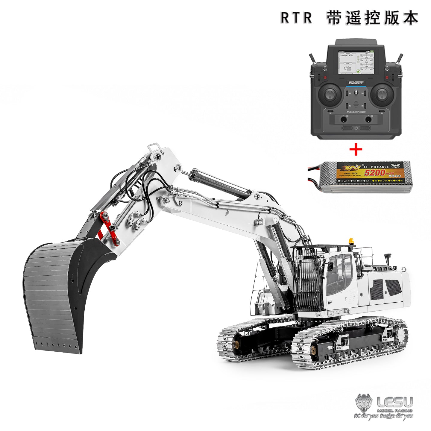 Metal LESU 1/14 RC Hydraulic Excavator 2 Arms LR956 Remote Control Digger Model 4MPA Dual Pumps Light 3S Battery PL18EV LITE