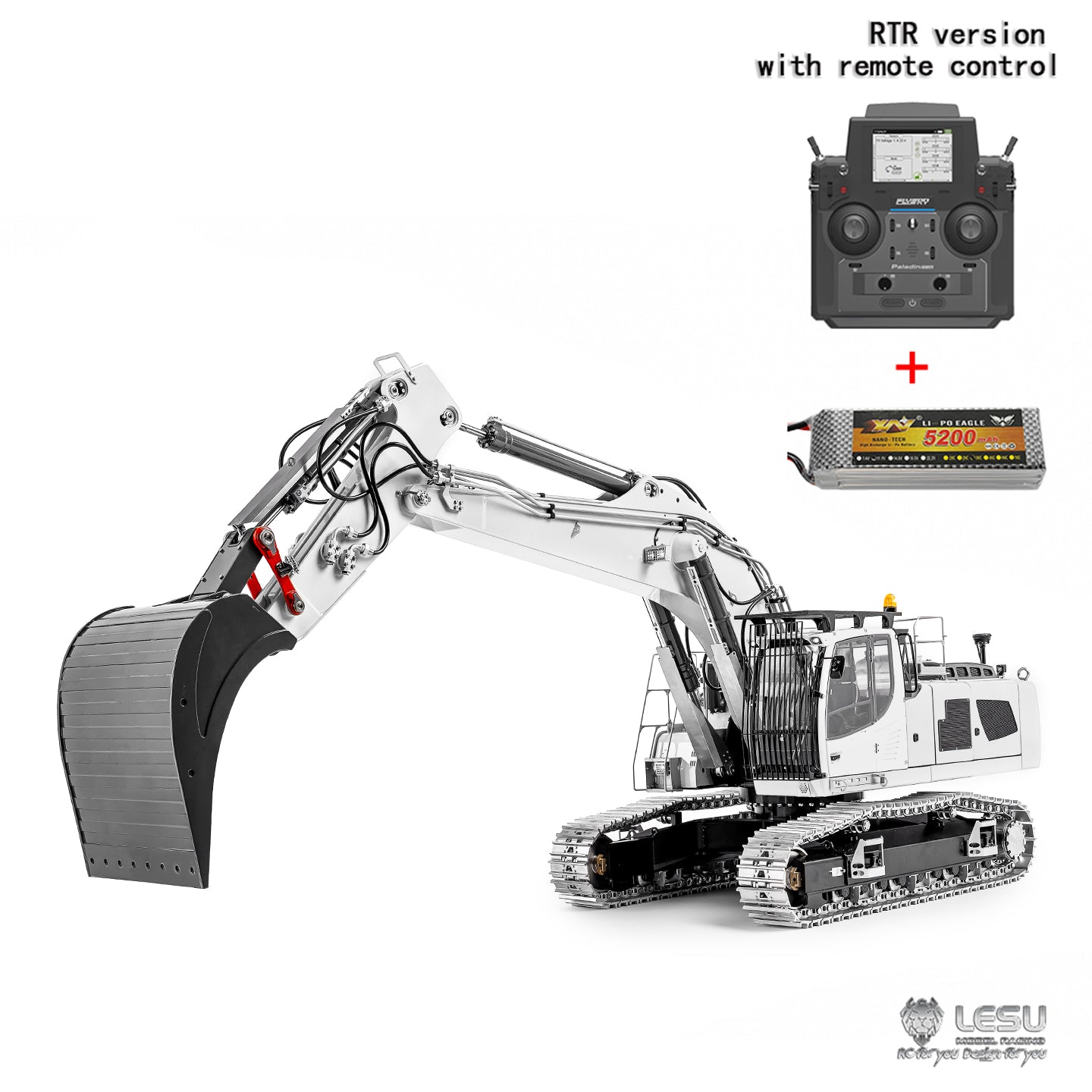 Metal LESU 1/14 RC Hydraulic Excavator 2 Arms LR956 Remote Control Digger Model 4MPA Dual Pumps Light 3S Battery PL18EV LITE