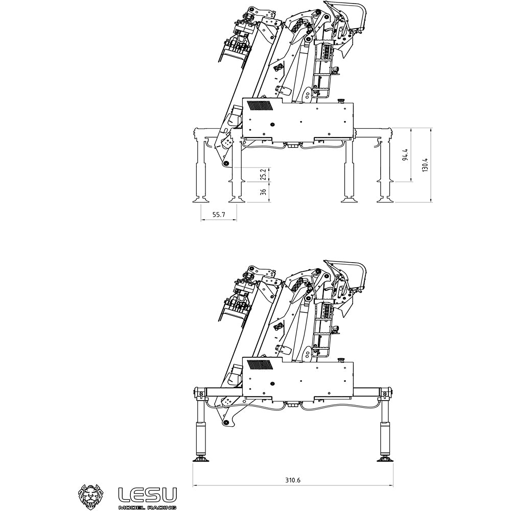 LESU 1/14 Metal RC Hydraulic Timber Crane Fly Jib 360 Degree Rotation 3-Stage Telescopic Arms for Remote Control Tractor Truck