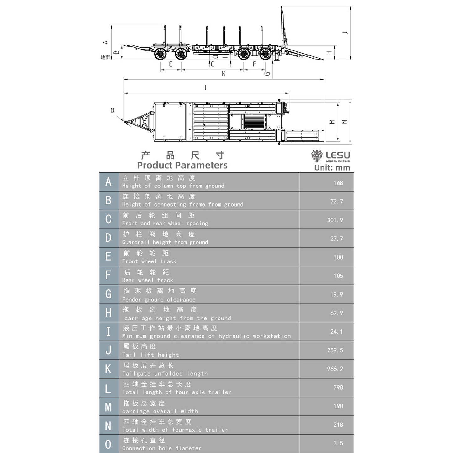 LESU 1/14 Metal Hydraulic Lifting Tailboard Trailer Rear Support Legs 2CH Valve Pump for RC Tractor Truck DIY Lorry Excavator