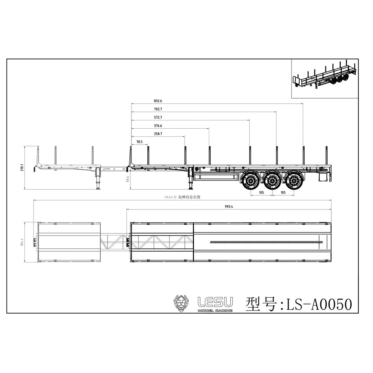 LESU A0050 Metal 3Axles Manual Support Legs Extendable Flatbed Semi Trailer for 1/14 Remote Control Tractor Truck RC Loader DIY Model